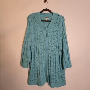 Fairy Preppy Feminine Pointelle Cable Knit Big Button Cardigan Blue 3X Breezy